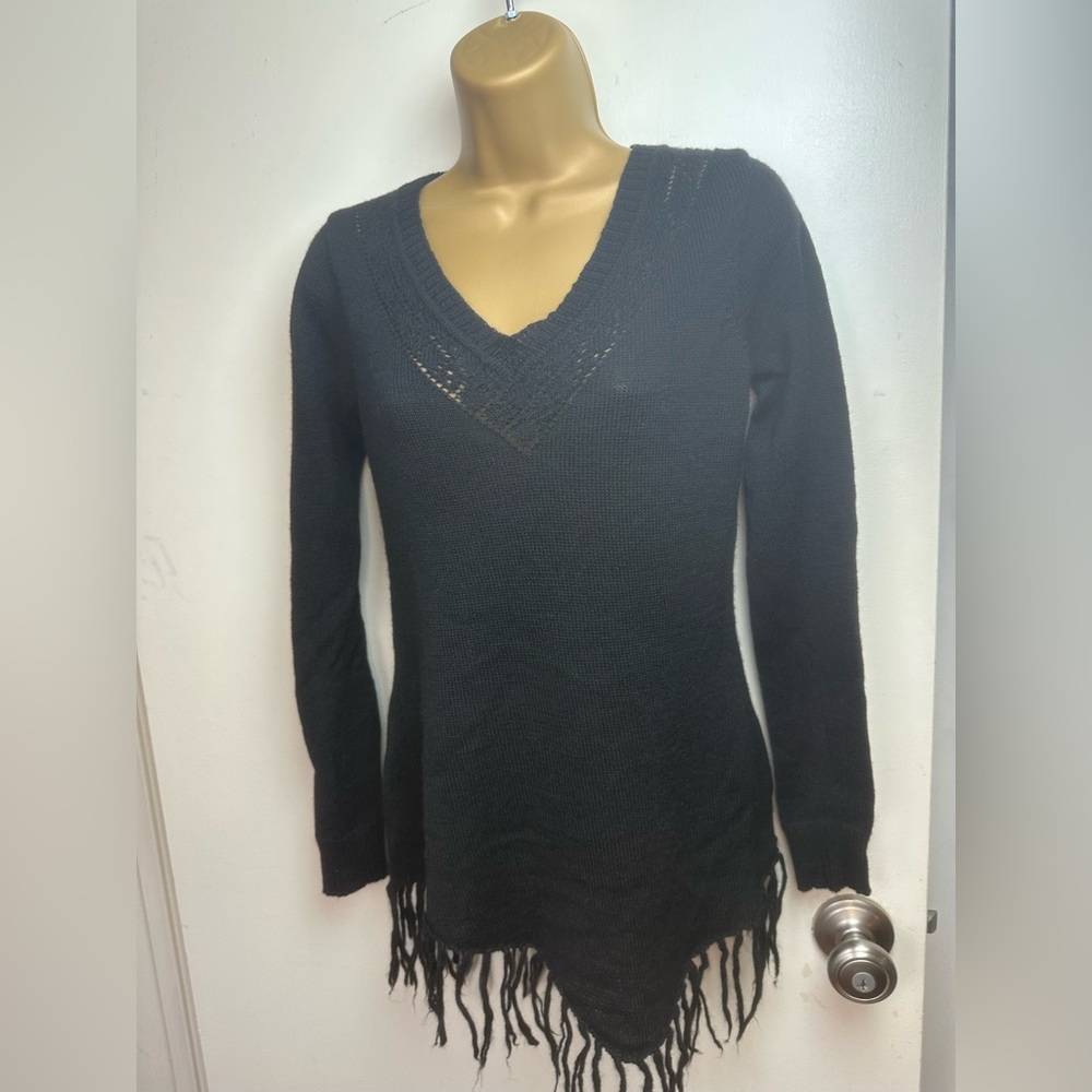 Peruvian Connection Black Soft Baby Alpaca & Wool Blend Fringe V-Neck Sweater S